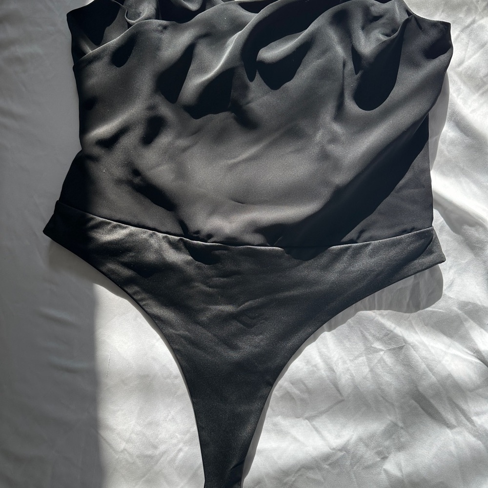 Club L London Black Strapless Silk Bodysuit